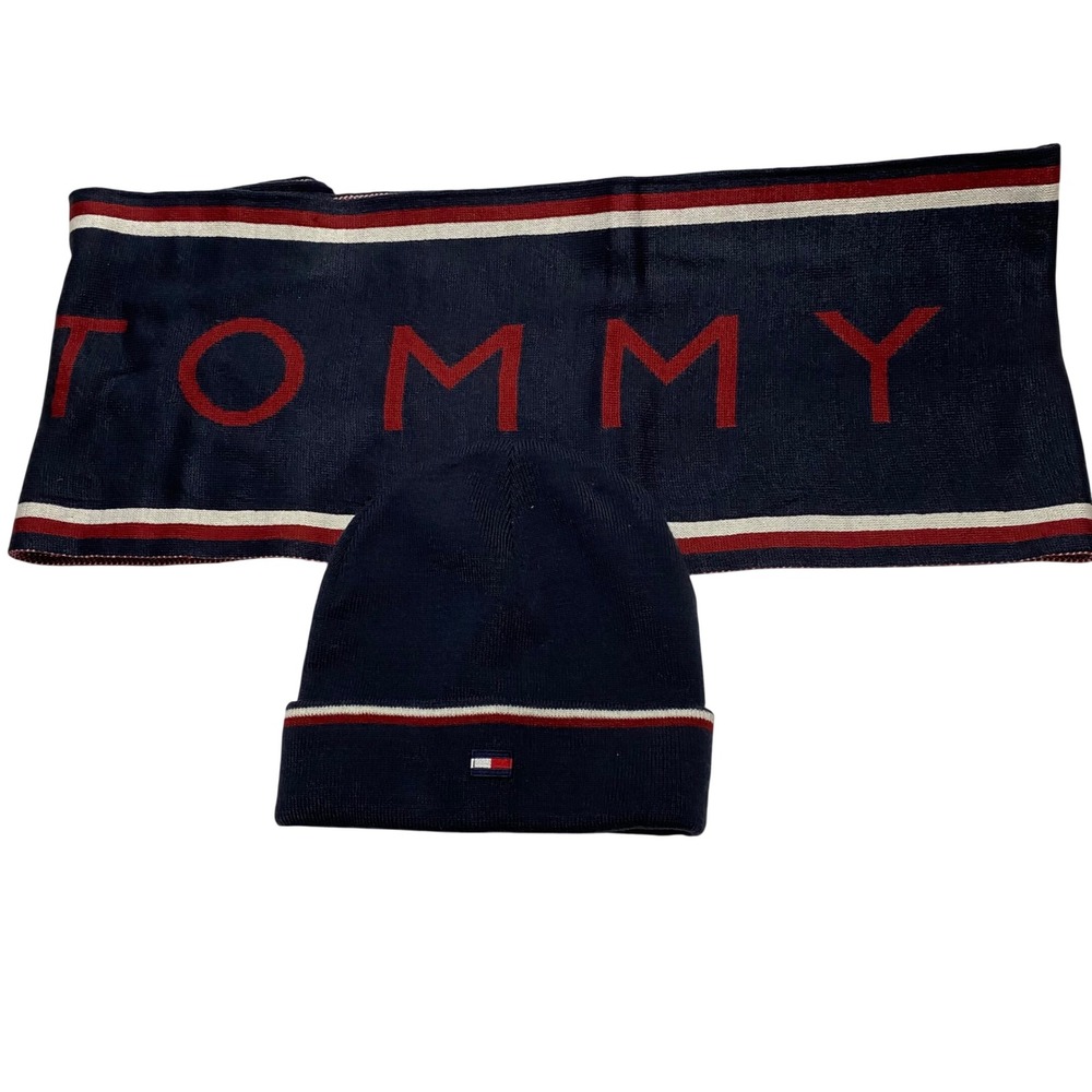 Tommy Hilfiger Mens Beanie and Scarf Set Navy Blue Red White Logo Knit Gift Box